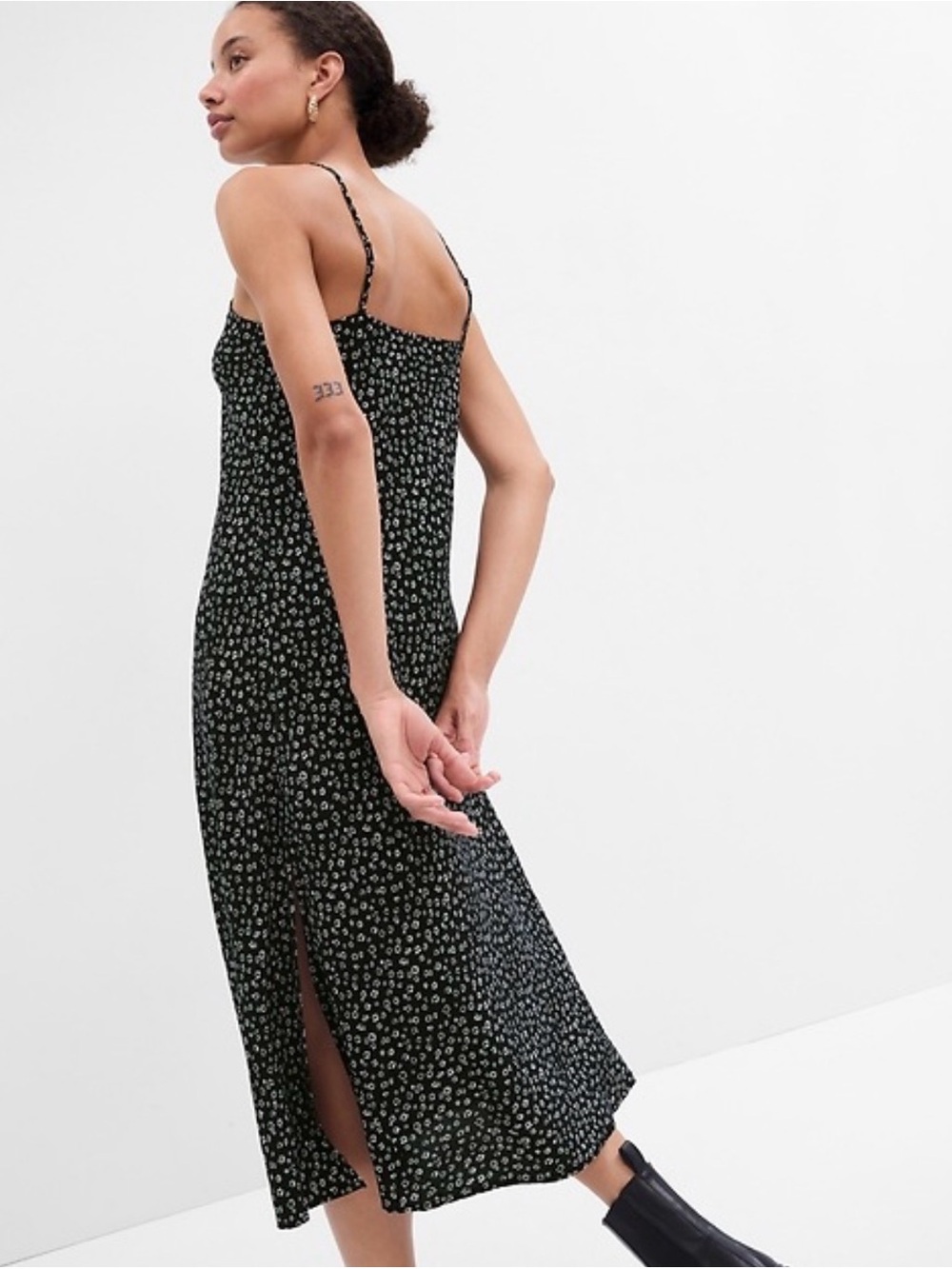 GAP Black Floral Midi Slip Dress with Spaghetti Straps
